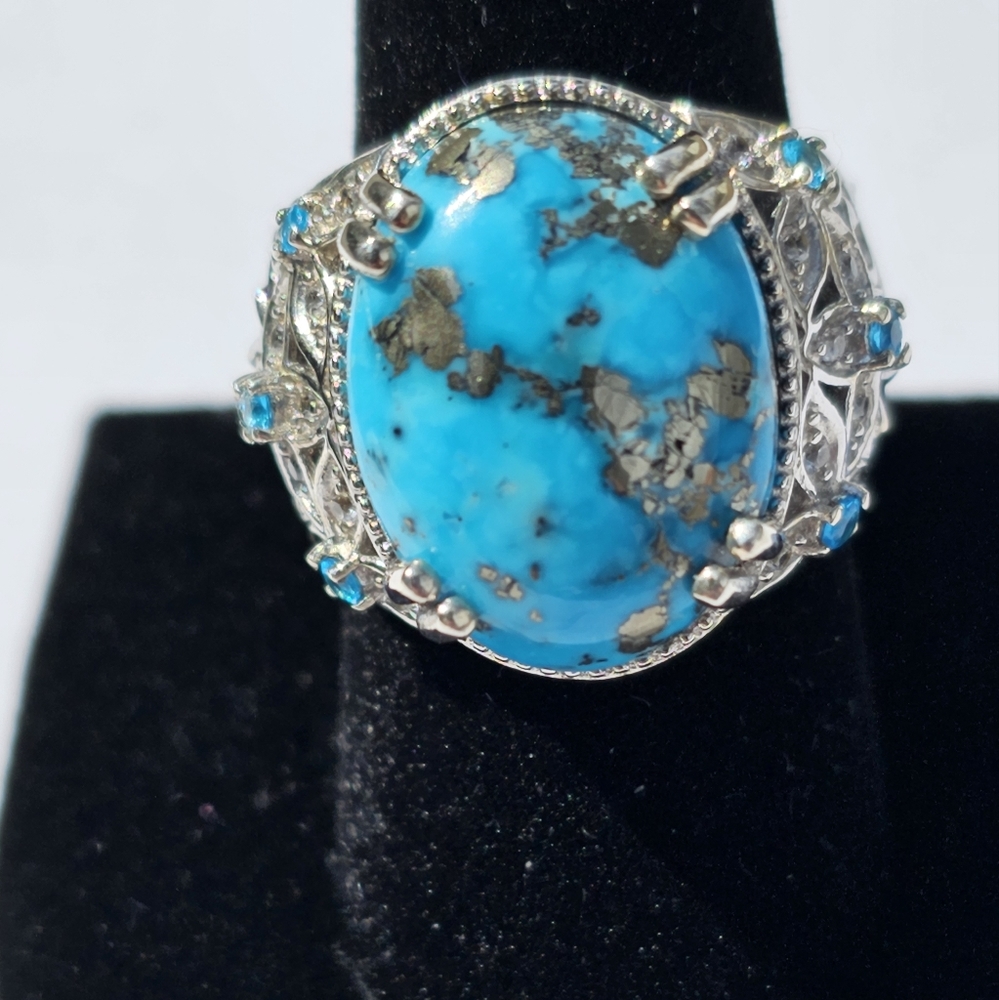 Genuine Turquoise & Neon Apatite 💍 w/White Sapphires in Platinum/925 Size 9 - Picture 2 of 12